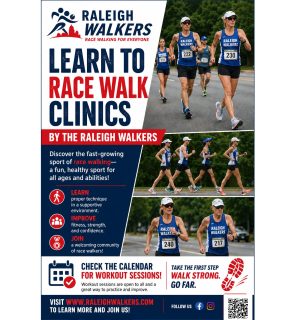 Learn to Race Walk Clinics are open to everyone. See our calendar for workout dates & locations.
