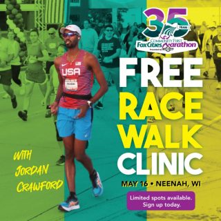 Join us Saturday, May 16 for a free interactive Walking Clinic. Limited spaces available and registration is required -https://www.surveymonkey.com/r/2026WalkClinic. 

Learn how to improve your race walking form with Jordan Crawford, Team USA Olympic Qualifier and USATF Certified Race Walk Official.

Whether you're just curious about race walking or already competing, all paces and experience levels are welcome!
📣What to Expect:
- Learn about and practice race walking technique and form
- Discover walking-specific strength and training exercises to build speed
- Gain an understanding of official race walking rules
- Get tips to choose the right shoes and attire
- Participate in a Q&A Panel with local race walkers and Jordan Crawford
- Live demonstrations

You’ll be walking and practicing techniques throughout, so come ready to move!

#FoxCitiesMarathon @foxcitiesmarathon @raleighwalkers