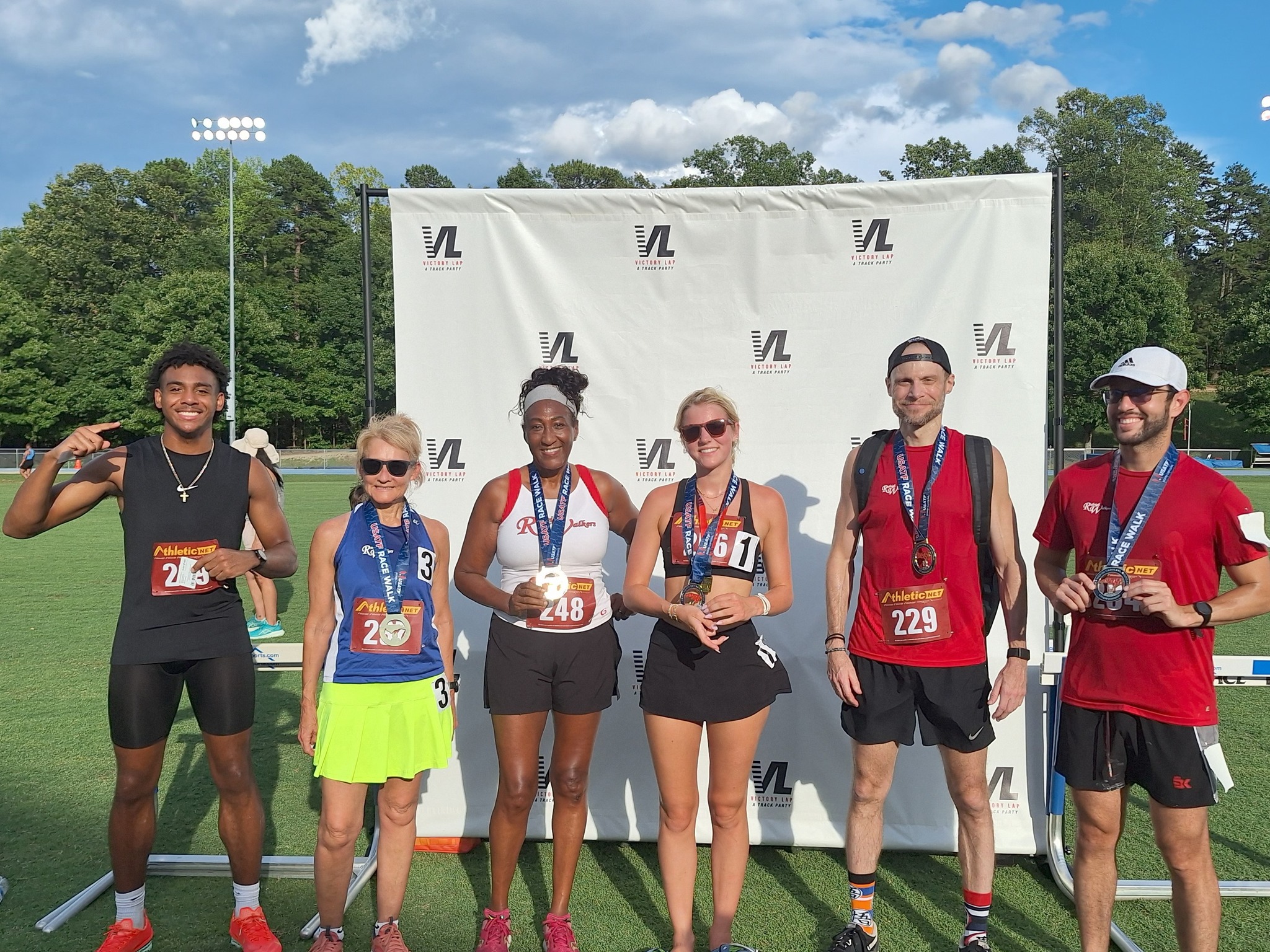 Raleigh Walkers Cruise To Victory
5 of the team competed in the Victory Lap Track Party 1 Mile Race Walk, at Cary Academy, which served as the NC Championship. Alejandro Fernandez lead from the start to win overall and Avery Rudolph held off a strong finish from Ivonne Chirino-Klevans to take the women’s win. All finishers set team records and won NC Championships in their age groups. Full results at www.raleighwalkers.com.