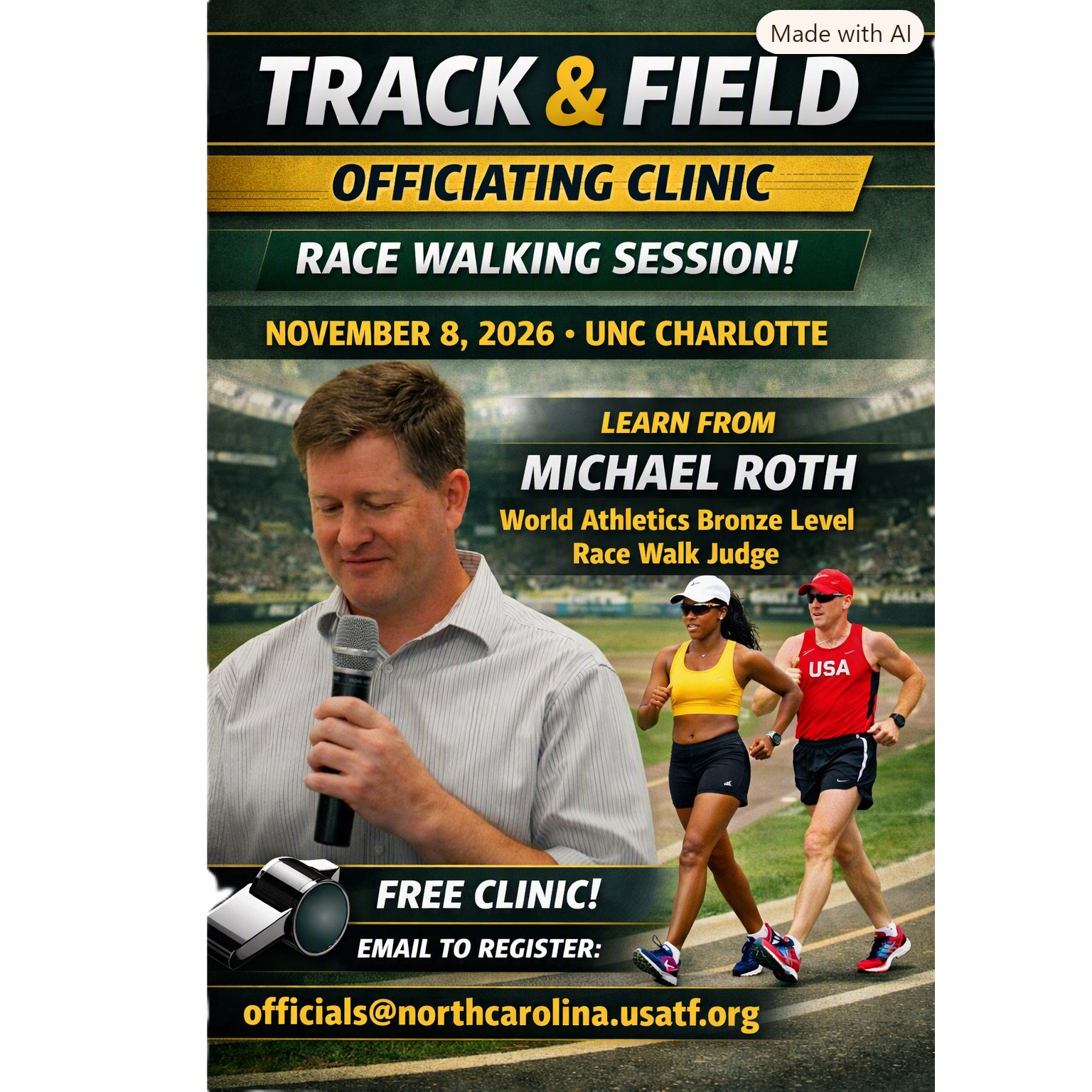 2026 Officiating Clinic – UNC Charlotte
As part of a Track & Field Officiating Clinic, there will be a session devoted to Race Walking. There is no cost to attend this Clinic. Register & indicate interest in Race Walking, by email to officials@northcarolina.usatf.org.